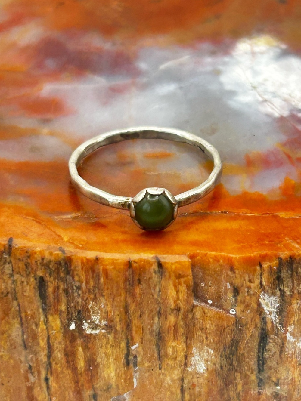 Dainty Minimalist Green Jade Ring, Sterling Silver - Size 6.5